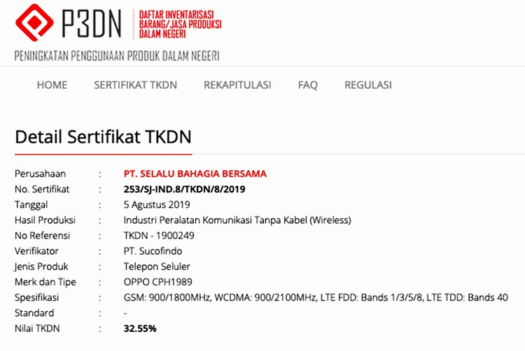 TKDN Oppo Reno 2