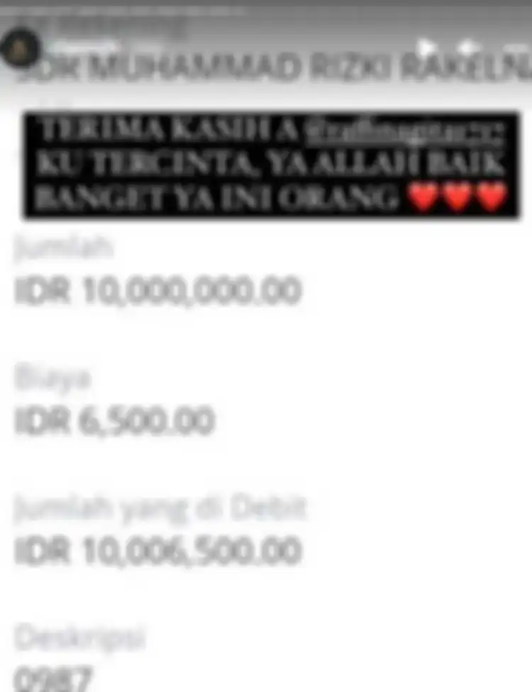 Bukti transfer Raffi Ahmad untuk Rigen sebagai kado ulang tahun