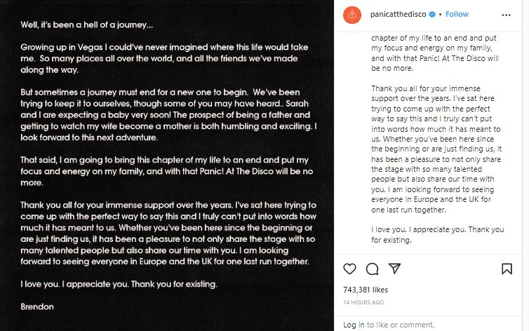 Postingan Panic! at The Disco tentang pembubaran