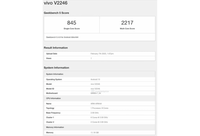 Bocoran Vivo V27 5G dari situs Geekbench.
