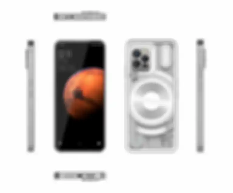 Desain keseluruhan dari Unihertz Luna, smartphone transparan mirip Nothing Phone yang diumumkan di MWC 2023.