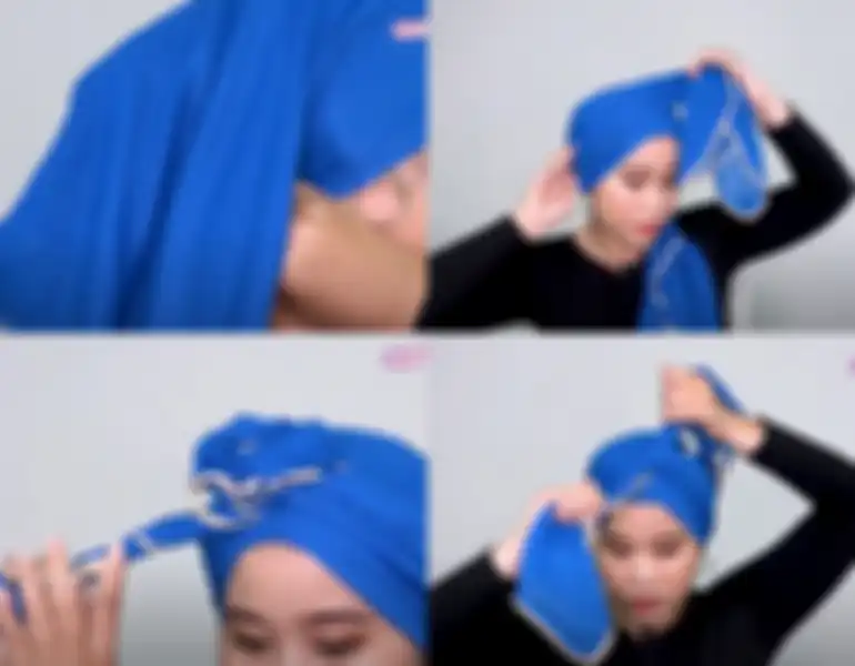 Tutorial gaya turban ala cewekbanget.id, (dimulai dari pojok kiri, searah jarum jam) langkah 1 sampai 4