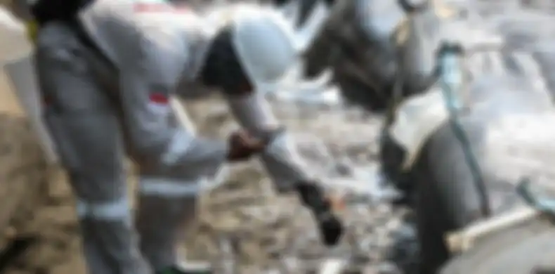 Petugas mengumpulkan limbah tumpahan minyak Oil Spill yang tercecer milik Pertamina di Pesisir Pantai Cemarajaya, Karawang, Jawa Barat, Minggu (4/8/2019). Pasir yang tercemar minyak tersebut dikumpulkan dan akan dipindahkan ke pabrik penyimpanan limbah B3 (Bahan Berbahaya dan Beracun) untuk dimusnahkan.
