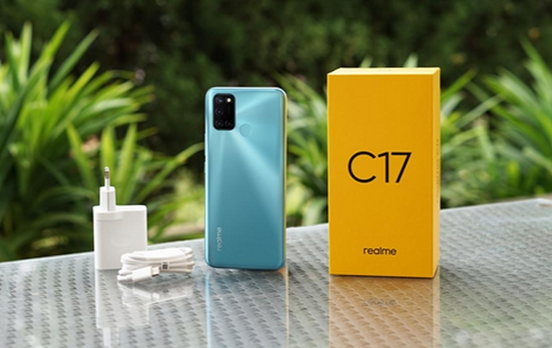 realme C17 warna biru muda dan box