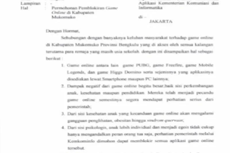 Surat dari Bupati Mukomuko kepada Menkominfo