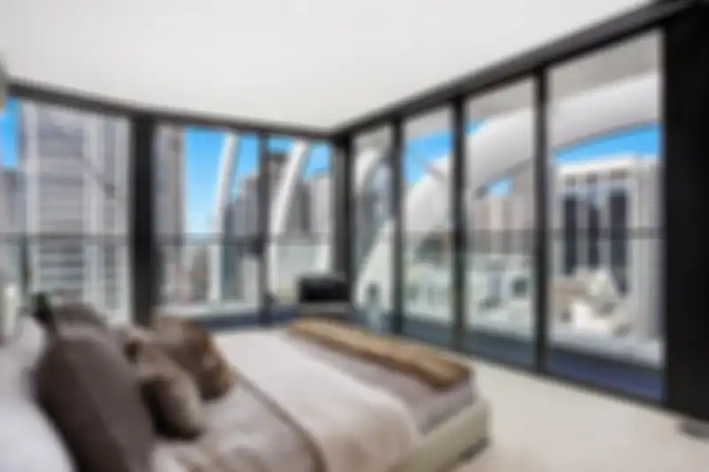 Ilustrasi kamar tidur dengan view area luar yang mewah ditampilkan melalui kaca cermin.