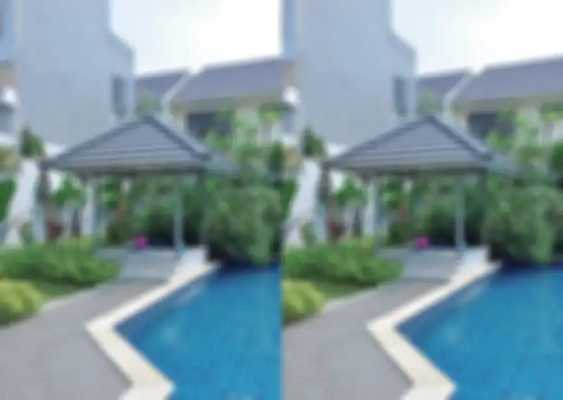 Usur air di kolam renang memberi aura sejuk saat duduk-duduk santai di gazebo modern ini.