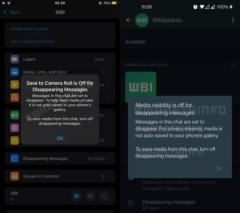 Notifikasi yang menunjukan bahwa WhatsApp akan menghentikan fitur simpan gambar otomatis di Disappearing Messages
