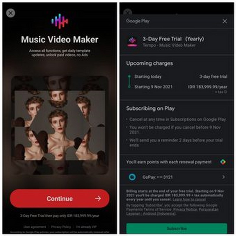 Tagihan berlangganan yang akan dikenakan pengguna Tempo - Face Swap Video Editor.