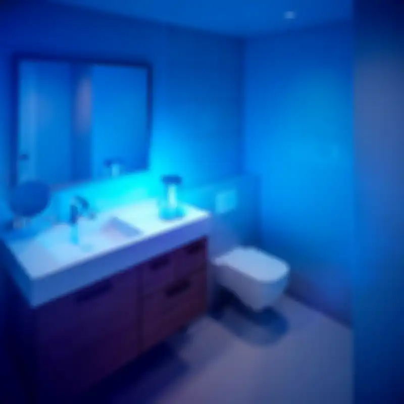 Pemakaian lampu meja disinfeksi UV-C di kamar mandi.
