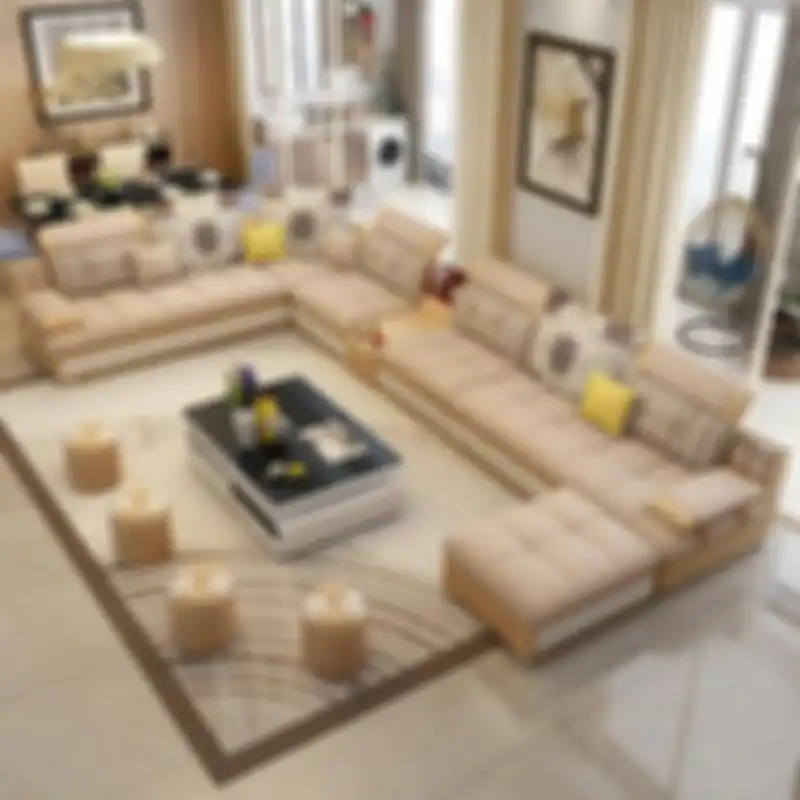 Ilustrasi ruang tamu dengan sofa sectional berbentuk U
