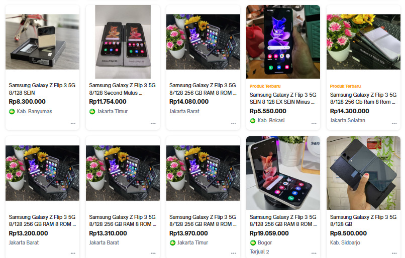 Harga hp second Samsung Galaxy Z Flip 3 5G 8/128 bulan Februari 2023 di Tokopedia.
