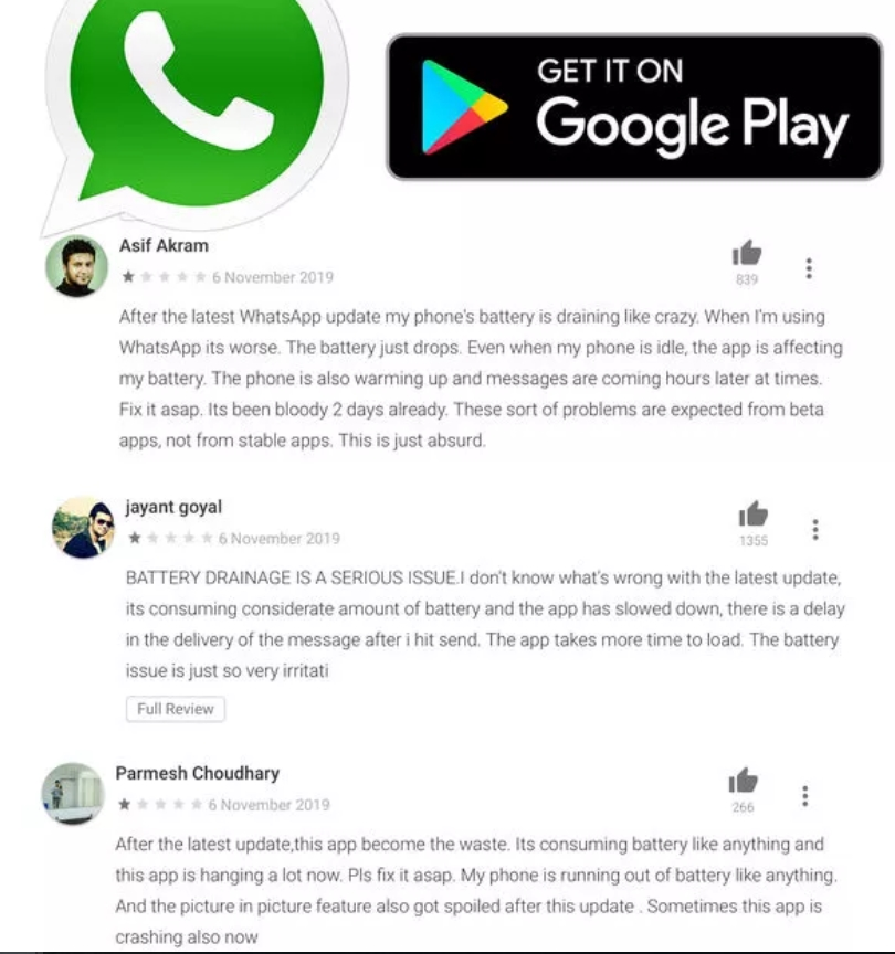 Keluhan pengguna WhatsApp di Play Store