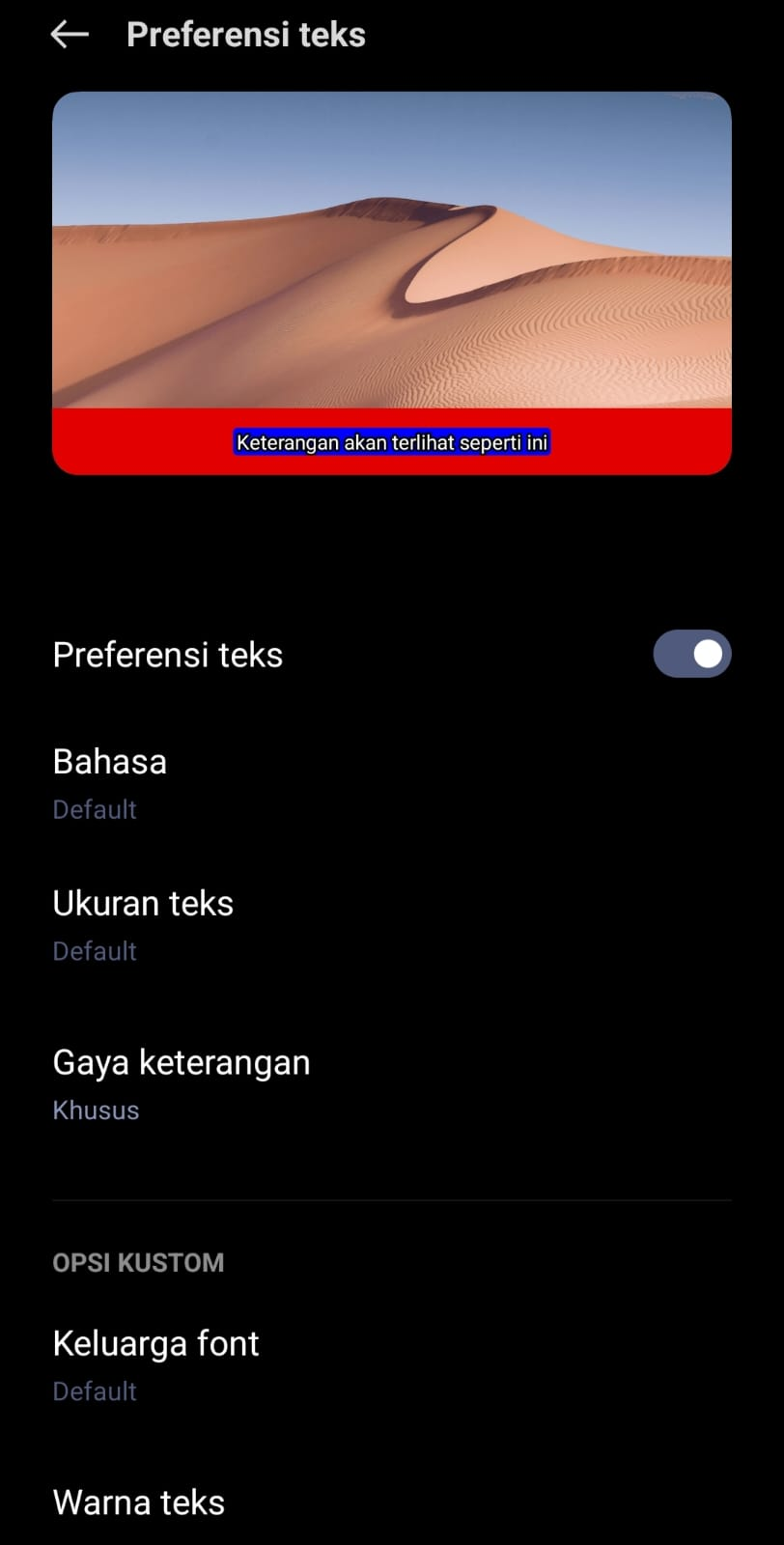 Halaman pengaturan subtitle 