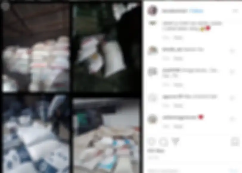 Postingan Tiara Dewi di Instagram, beras di gudang penyimpanan.