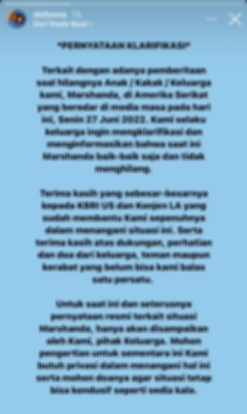 Klarifikasi adik Marshanda tentang kabar hilangnya Marshanda
