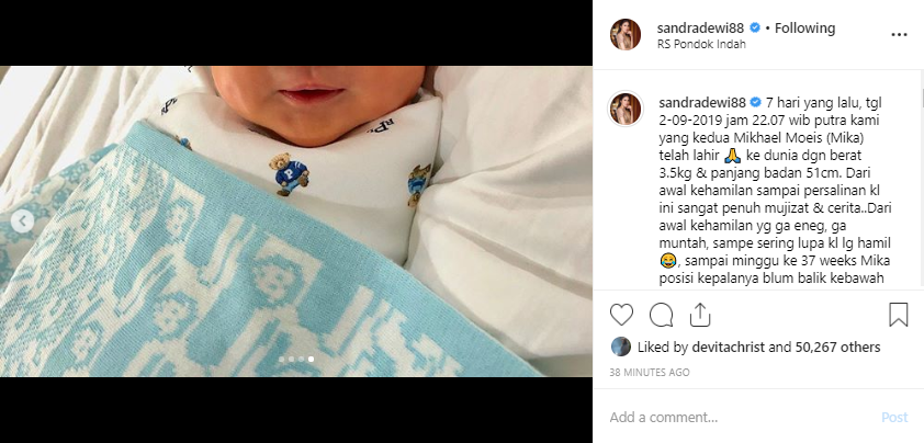 Sandra Dewi melahirkan anak keduanya