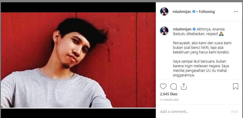 Postigan Mbah Mijan tentang Ananda Badudu dibebaskan.