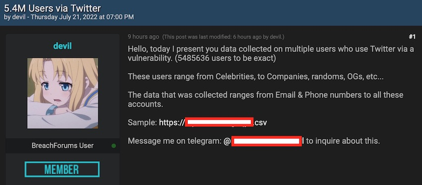 Unggahan akun devil yang menjual 5,4 juta data pengguna di BreachForums Deep Web