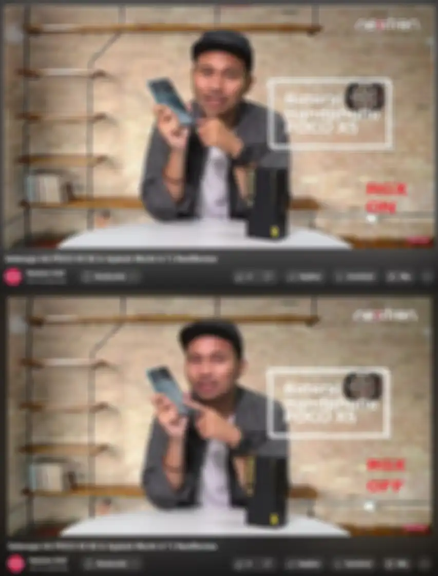 Perbandingan pemutaran video YouTube dengan fitur RGX On (atas) dan RGX Off (bawah).