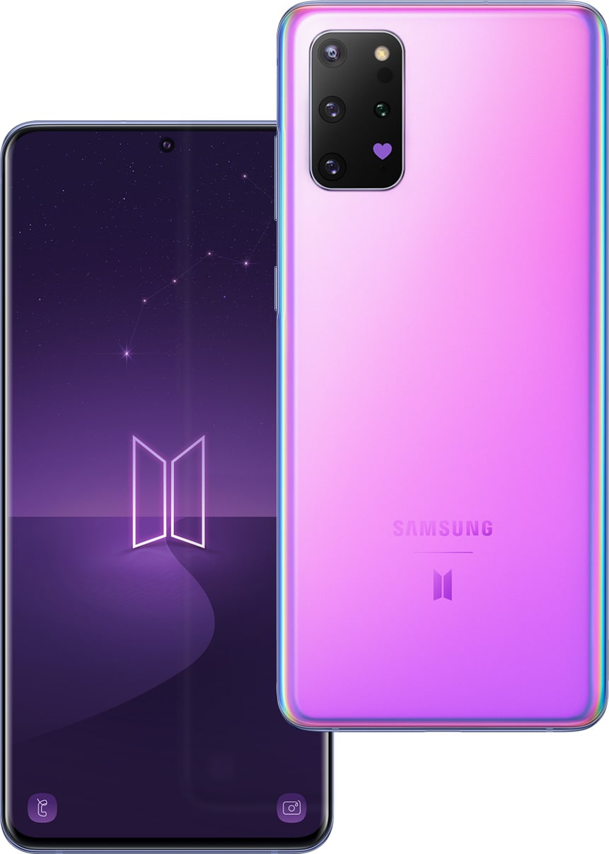 Ilustrasi bagian belakang Samsung Galaxy S20 Plus degan logo BTS dan lambang hati pada wadah kamera