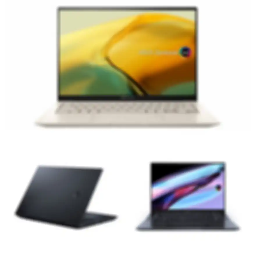 Zenbook 14X OLED (UX3404) (atas), ASUS Zenbook Pro 14 OLED (UX6404) (kiri bawah), ASUS Zenbook Pro 16X OLED (UX7602BZ) (kanan bawah)