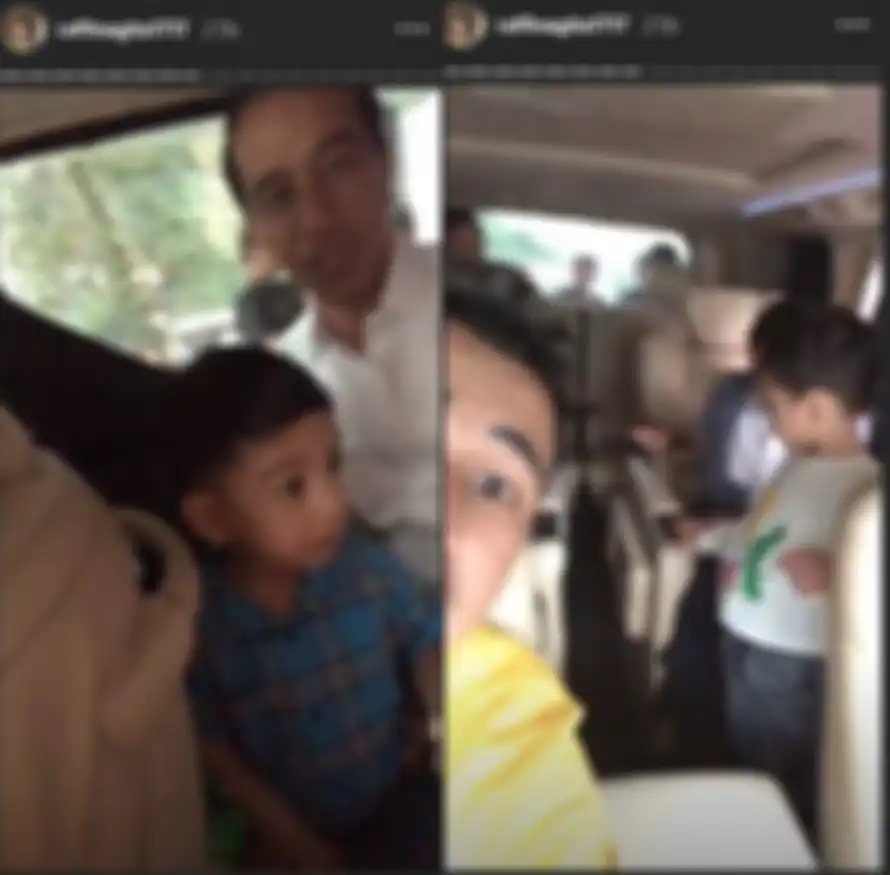 Ekspresi polos Jan Ethes dan Rafathar saat saling berjumpa di dalam mobil Presiden Jokowi