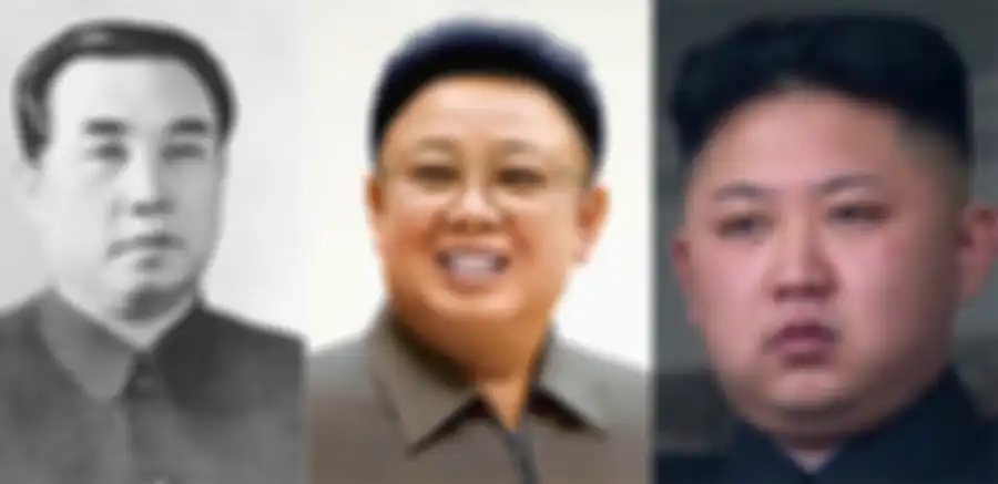 Kim Il Sung, Kim Jong Il (tengah), dan Kim Jong Un (kanan)