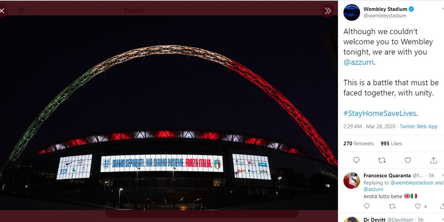 Timnas Italia dan Timnas Inggris Gagal Bertanding, Stadion Wembley Tunjukan Pesan Simpati