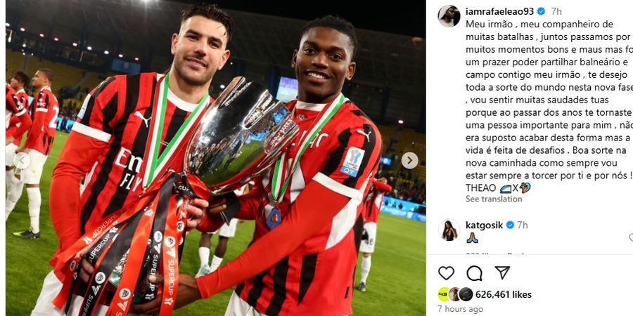 Saudara Seperjuangan dalam Cinta dan Benci di AC Milan, Rafael Leao Kirim Salam Perpisahan buat Theo Hernandez