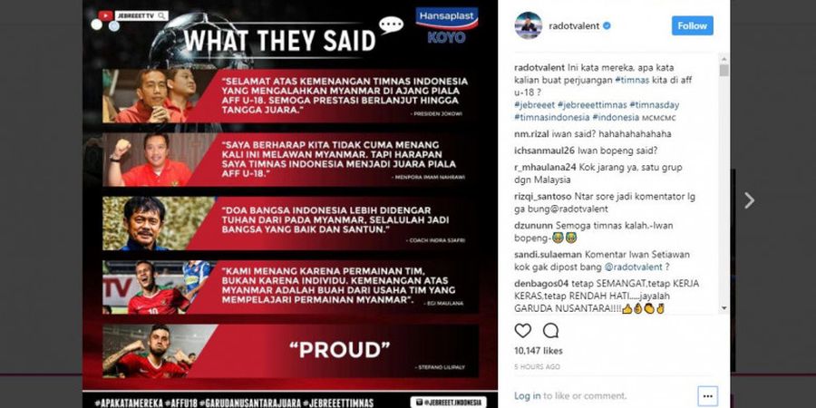 Indonesia Vs Filipina -  Sadis, Valentino Jebret Unggah Kata-Kata Inspiratif, Netizen Justru Sindir Iwan Setiawan Begini