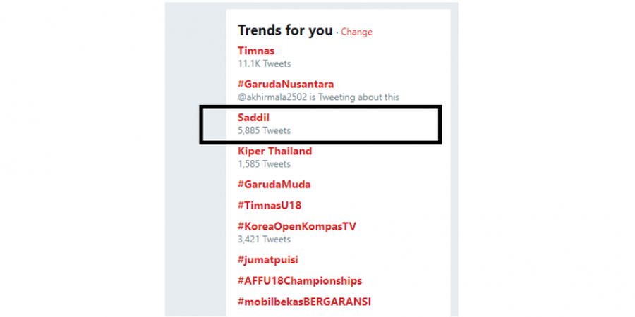 Baru Semenit Bermain Diganjar kartu Merah, Tagar Saddil Menjadi Trending Topik di Twitter