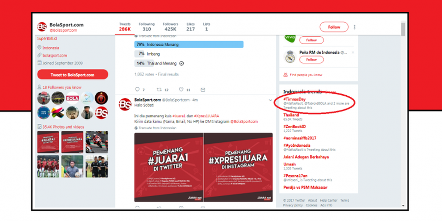 SEA Games 2017 - Tagar #TimnasDay jadi Trending Topik Twitter