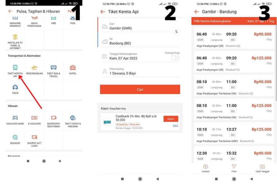 Cara beli tket KA di Shopee