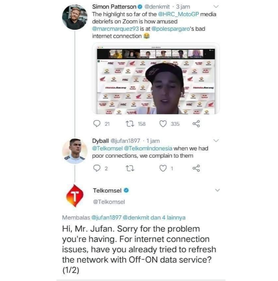 Tweet wartawan MotoGP Simon Patterson tentang buruknya koneksi internet saat wawancara Marc Marquez 