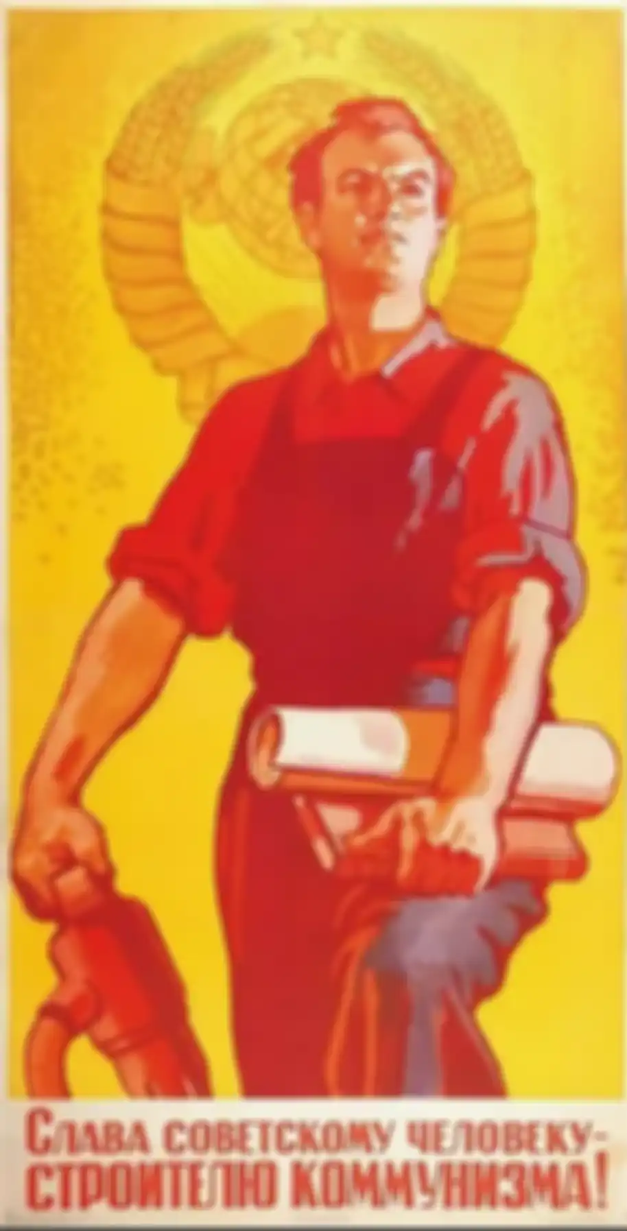 Poster propaganda Uni Soviet 'Kejayaan bagi warga Soviet, pembangun komunisme!' 1959