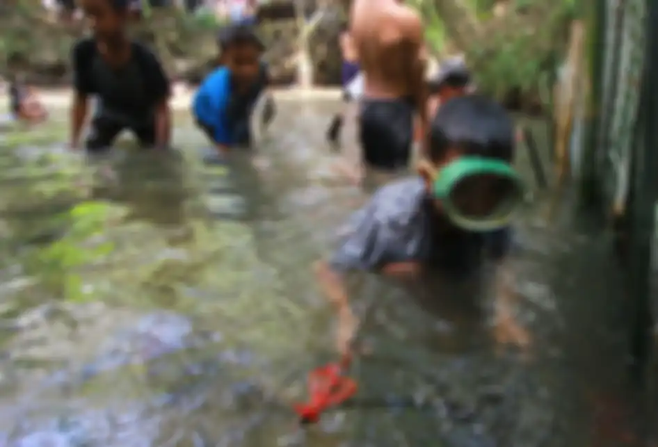 Foto dirilis Rabu (25/9/2019), memperlihatkan masyarakat adat Dayak Deah melakukan Ngerokop Esa (menangkap ikan) pada puncak acara Mesiwah Pare Gumboh di Desa Liyu, Kabupaten Balangan, Kalimantan Selatan. Prosesi Mesiwah Pare Gumboh merupakan upacara adat yang dilakukan masyarakat Dayak Deah sebagai