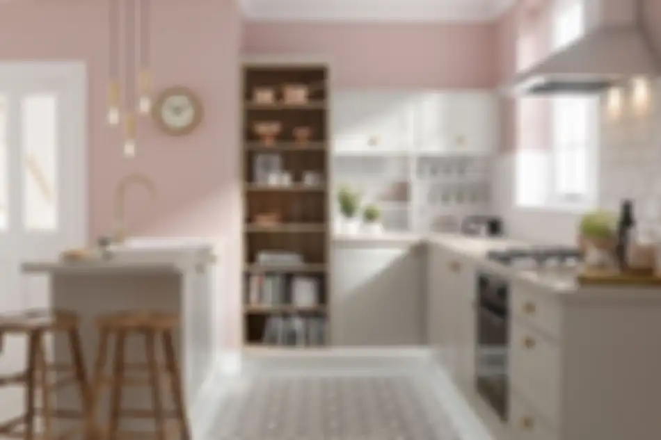 Warna kabinet dapur broken white cocok untuk tema klasik, tradisional, dan modern.