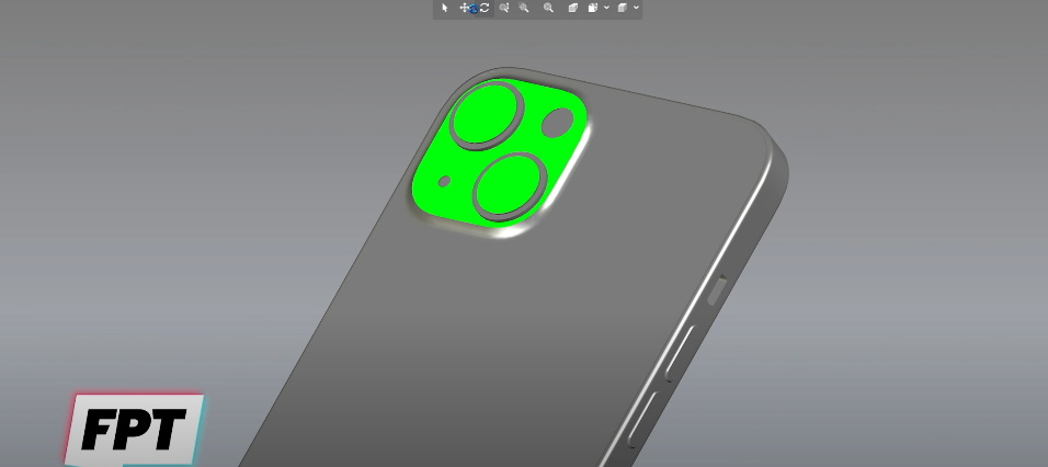 Bentuk kamera diagonal pada CAD iPhone 13
