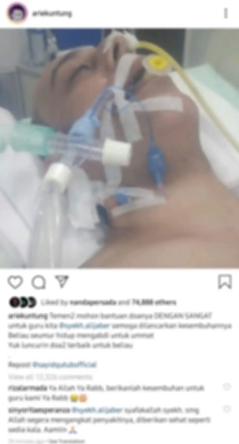 Arie Untung mohon bantuan doa untuk kesembuhan Syekh Ali Jaber yang tengah terbaring sakit karena covid-19.
