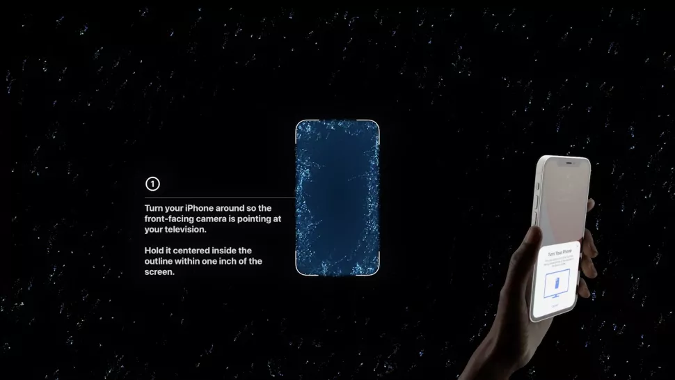 Ilustrasi kalibrasi Apple TV 4K menggunakan iPhone