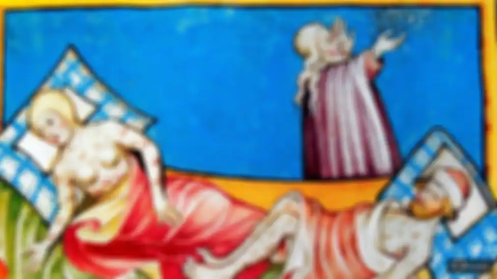 Sepasang suami istri menderita lecet Black Death, wabah pes yang melanda Eropa pada Abad Pertengahan. Dari manuskrip Swiss Toggenburg Bible, 1411.