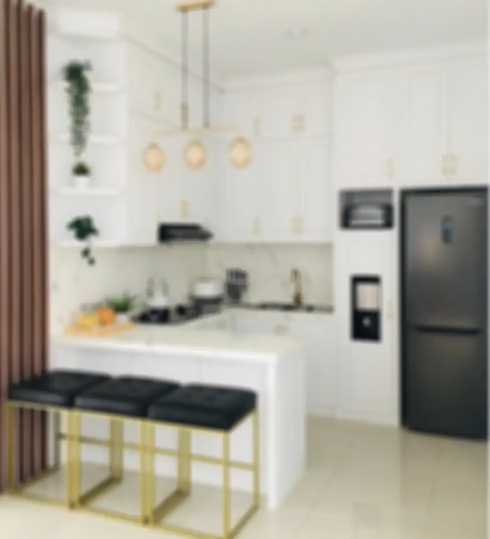 Foto interior desain dapur warna putih terlohat lebih lega karena gaya berbeda. Cocok buat pemilik rumah minimalis. 
