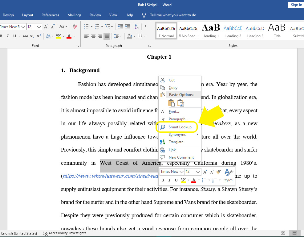 Pilihan fitur Smart Lookup di Microsoft Word