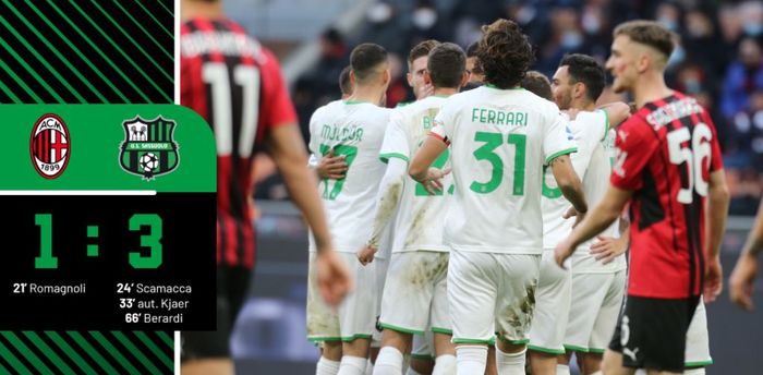 Selebarsi pemain Sassuolo usai mengalahkan AC Milan 3-1 di San Siro dalam giornata ke-14 Liga Italia, Minggu (28/11/2021).