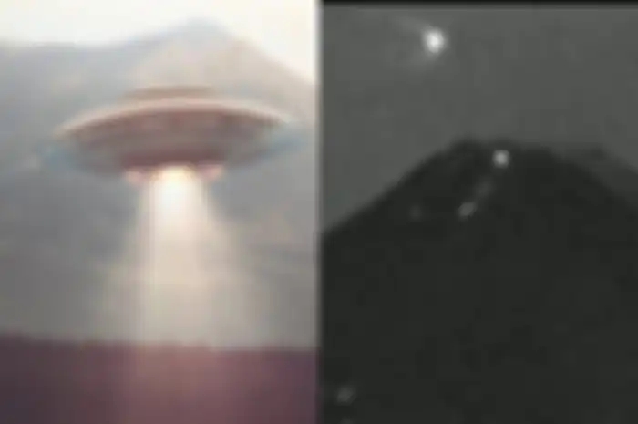 Ilustrasi gambar ufo dan rekaman CCTV di gunung merapi yang menampilkan benda misterius bercahaya sedang melayang