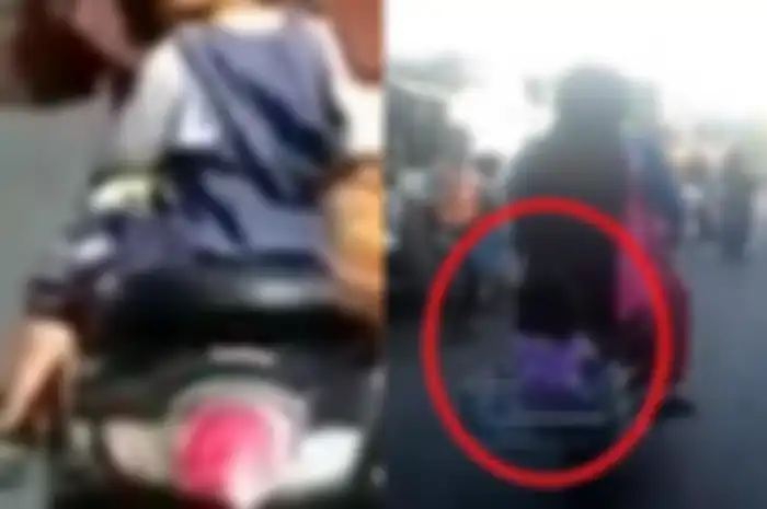 Anak kecil dibonceng dengan posisi yang berbahaya di atas motor