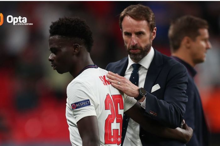 Pelatih timnas Inggris, Gareth Southgate, bersama Bukayo Saka dalam duel Euro 2020 melawan Rep Ceska, 22 Juni 2021.