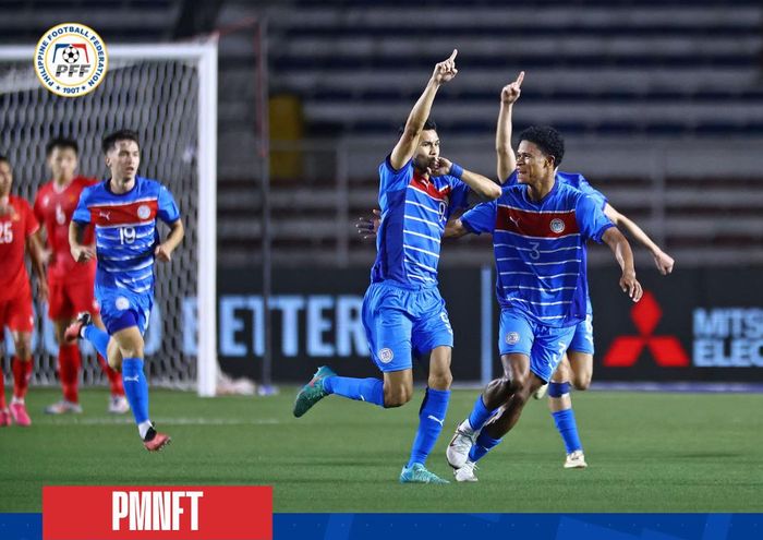 Selebrasi Jarvey Gayoso usai mencetak gol lawan Vietnam di laga ketiga fase grup ASEAN Cup 2024 di Stadion Rizal Memorial, Manila, Rabu (18/12/2024) malam WIB