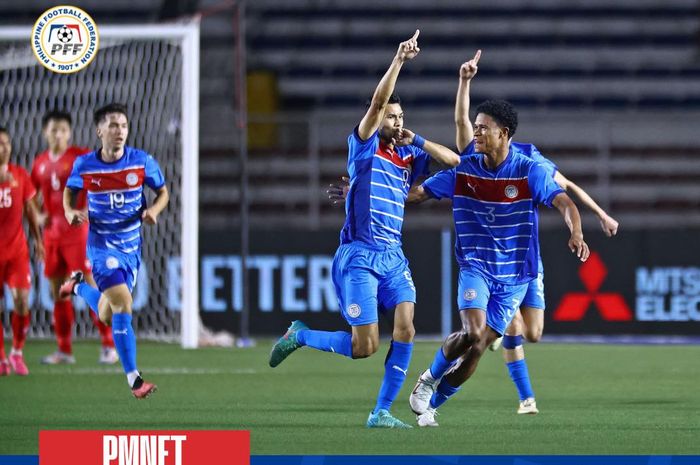 Selebrasi Jarvey Gayoso usai mencetak gol lawan Vietnam di laga ketiga fase grup ASEAN Cup 2024 di Stadion Rizal Memorial, Manila, Rabu (18/12/2024) malam WIB